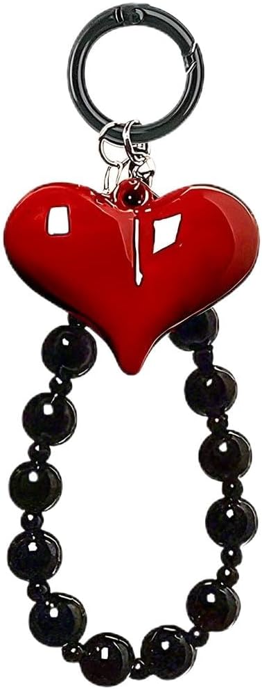 Red Heart Phone Charm Strap Black Beaded Phone Lanyard Cute Bag Charms for Handbags Cellphone Chain Wristlet Heart Bag Charm Purse Keychain for Women Cellphone Keychain Beaded Camera Wrist Strap