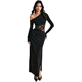 GORGLITTER Women's Lace Asymmetrical Neck Patchwork Maxi Dresses Fall One Shoulder Long Sleeve Vegas Dinner Club Dress