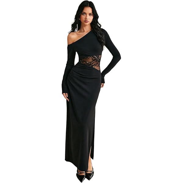 Women Lace Hollowed Out Dress Long Sleeve V-Neck Solid Chiffon Dresses  Black S at Amazon Women's Clothing store