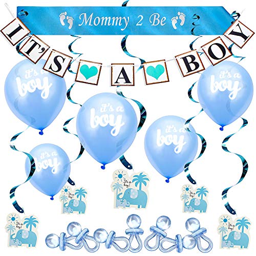 ARTIT Baby Shower Boy Blue Decorations Set Party Decor Bundle Supplies Kit with the Hottest Favors - It's a Boy Theme Banner Balloons Mommy Sash Elephant Cards Foil Swirls Large Acrylic Gift Pacifiers