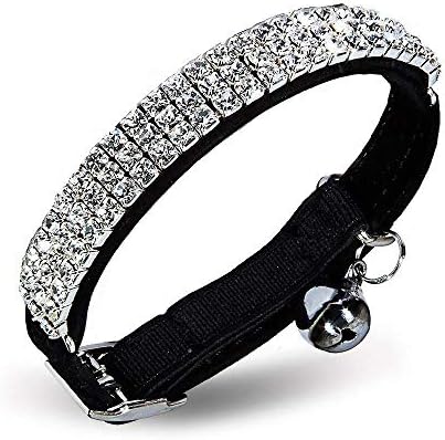 DAIXI Soft Velvet Safe Cat Adjustable Collar Bling Diamante With Bells,11 inch for small dogs and cats (Black)