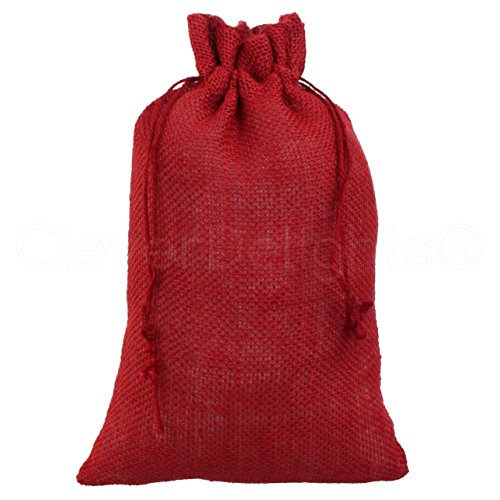 25 Pack - CleverDelights 8" x 12" Red Burlap Bags with Natural Jute Drawstring - Christmas Present Holiday Décor Rustic Party Favor Pouch Bags