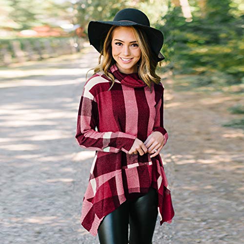 TIFENNY Women's Roll-Neck Plaid Stripe Pullover Spring Long Sleeve Irregular Hem Tops Blouse Shirt Sweatshirt Red