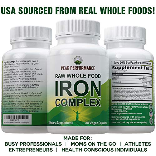 Raw Whole Food Iron Complex Vegan Supplement for Women and Men. Best