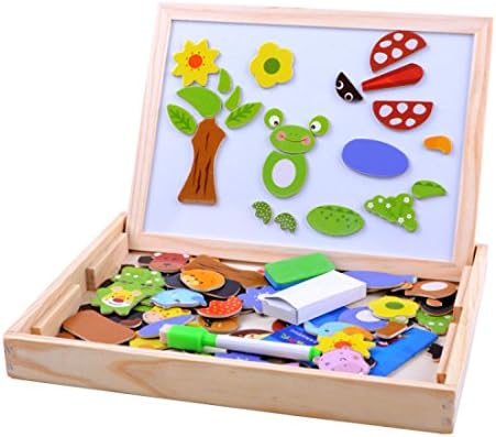 Wooden Magnetic Jigsaw Puzzles Games Toddler Toys Double Sided Drawing Easel for Kids