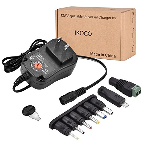 IKOCO 12W Multi Voltage Switching AC Power Adapter Supply Charger with 8 Selectable Adapter Plugs,3V 4.5V 5V 6V 7.5V 9V 12V 1A for Household Electronics and LED Strip …