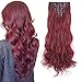 LELINTA 7Pcs 16 Clips 24 Inch Wavy Curly Full Head Clip in on Double Weft Hair Extensions Rose Red