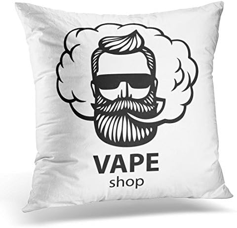 DTTOT Throw Pillow Cover White Hipster Dude with Mustache and Beard Man with Vape and Cloud Electronic Cigarette Stickers Emblem Decorative Pillow Case Home Decor Square 18x18 Inches Pillowcase