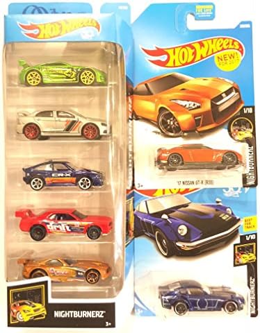 2018 Hot Wheels NIGHTBURNERZ 5 Pack &amp; Bonus: Hot Wheels Custom Datsun 240Z &amp; Hot Wheels '17 Nissan GT-R (R35)