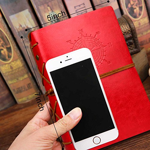 PU Leather Notebook Blank Travel Journal Refillable Writing Diary Notepad Planner Vintage Unlined Pages Binder Notes Book - A6 Size Thick Paper No Bleed Through 80 Sheets 7 x 5 Inches (Red)