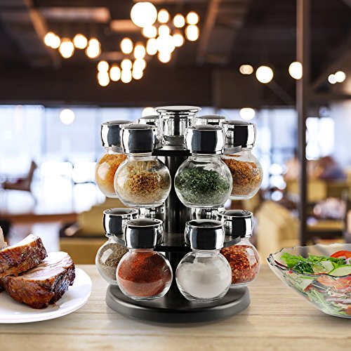 Rotating Herbs and Spices Rack with 12 Pieces 3.5 Ounces Round Glass Airtight Mason Jars - 2 Tiered Revolving Countertop Carousel Seasoning Storage Organizer - Thumbnail 4