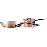 Mauviel M'Heritage 150 CI 1.5mm Polished Copper &amp; Stainless Steel DeLuxe 3-Piece Cookware Set, With Sauce Pan With Lid, 1.8-Qt and Frying Pan 7.8-In, Cast Iron Handles, Made in France