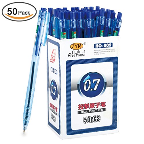 Plinrise Free Horse HO-309 Easy Touch Retractable Ballpoint Pens, Fine Point, Ink Width: 0.7mm, 50-Count/Set (Blue Ink)