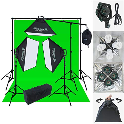 Linco Lincostore 2000 Watt Photo Studio Lighting Kit with 10x20 feet Backdrop and Background Stand Photography Studio Flora X Fluorescent 4-Socket Light Bank and Auto Pop-Up Softbox
