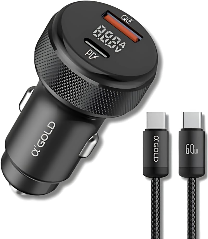 Carregador Veicular para Automóvel Turbo 60W com Duas Entradas, Carregamento Super Rápido + Cabo USB-C Premium Compatível com Dispositivos iOS e Android