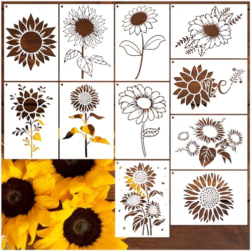 Sunflower Stencils for Painting on Wood, Canvas, Fabric & More - Reusable Nature Flower Stencil Art Pattern (12 A4)