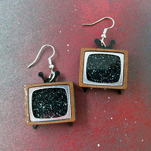 Nostalgic Mod CRT Static Screen TV Statement Dangle Earrings, Classic Television Jewelry