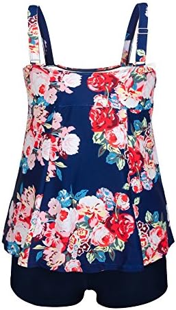 Dreamkai Women's Plus Size Two Piece Swimsuit Retro Floral Tank Top Tankini Set Bathing Suits