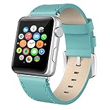 Apple Watch Band 42mm Leather, Swees iWatch Genuine Leather Bands Strap Replacement Wristband with Stainless Steel Clasp Buckle for Apple Watch Series 2 (2016) / Series 1 Women Men, Blue