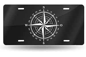 HANGWWZQ Black and White Compass Rose Front License Plate Aluminum Decorative License Plates Funny Metal Car Plate 6"X12" Novelty Vanity Tag Cover with 4 Holes Car Decor Accessory