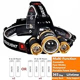 BenRan HEADLAMPS CREE 3 T6 5000 Lumen Zoomable Super Bright,Headlight Bicycle LED Flashlight,4 Modes,USB Rechargeable Batteries,Adjustable (Focus Zoom Lights, Golden)