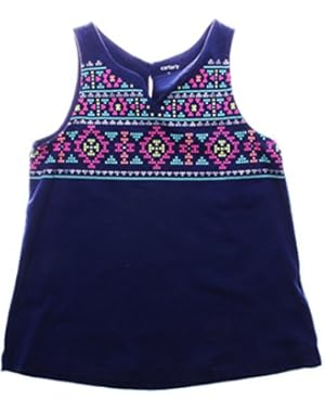 Girl Geometric Puff-Print Along Neckline Tank Top; Navy (3T)
