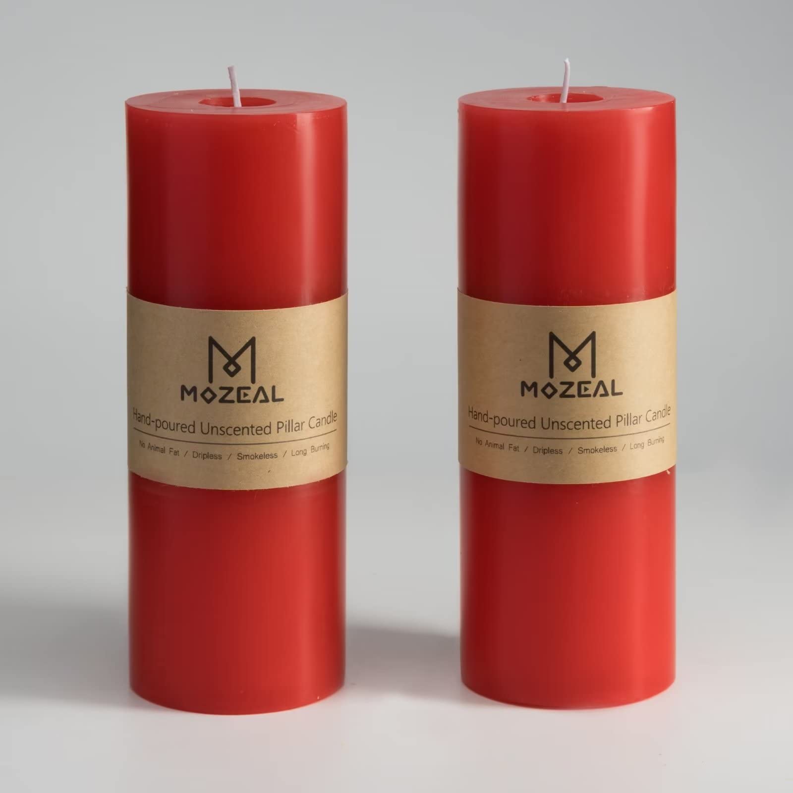 MOZEAL 3" x 8" Hand-Poured Unscented Large Candle,Smokeless Rustic Pillar Candle Set of 2,Slow Burn,No Drip,Approx 150 Hours Burning,Wedding,Dinner,Christmas and Home Decorative,Tall Red Candle Image