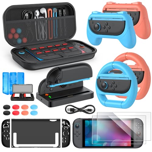 Switch 2 Zubehörpaket für Switch 2, 24 IN 1 Kit, Switch 2 Slim Case, 2 Displayschutzfolien, Ladestation für Switch 2 mit Kabel, 2 Lenkräder, für Joycon 2 Schutzhülle & 2 Griffe, 8 Daumengriffe, 2 Spie thumbnail 1