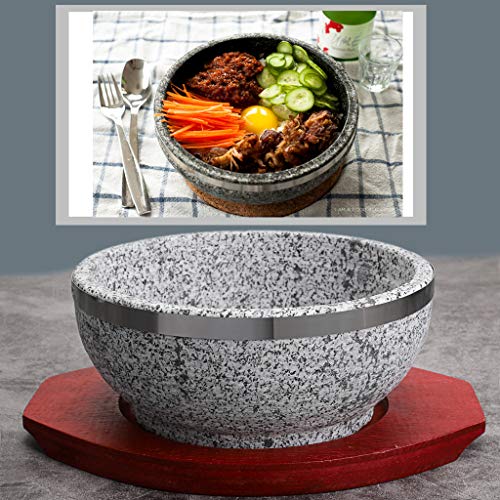 MDLUU Dolsot Bibimbap Bowl 32 Oz, Granite Stone Bowl with Wood Base