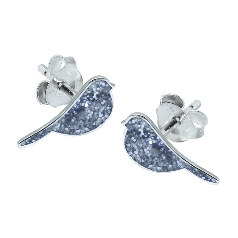 Bird Earrings with Sparkly Glitter Effect - 925 Sterling Silver
