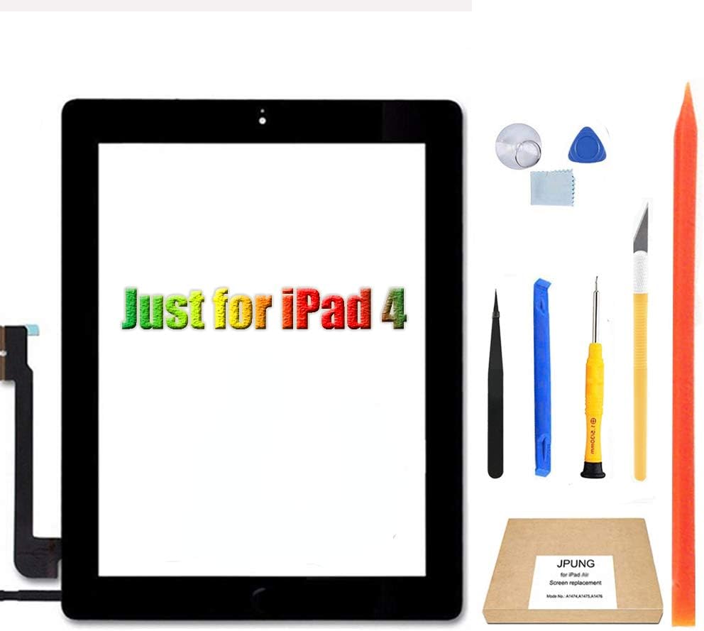JPUNG Touch Screen Replacement for iPad 4 4th Gen Digitizer, only for 4th Generation A1458 A1459 A1460, with Home Button, Full Repair Kit, Camera Holder, Pre-Installed Adhesive