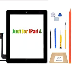 JPUNG Touch Screen Replacement for iPad 4 4th Gen Digitizer, only for 4th Generation A1458 A1459 A1460, with Home Button, Full Repair Kit, Camera Holder, Pre-Installed Adhesive