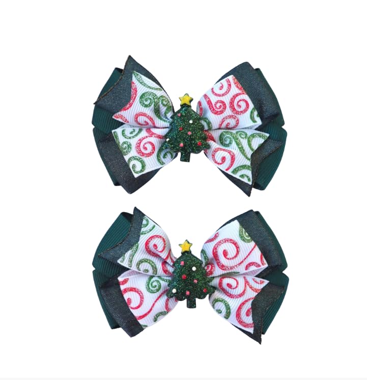 MeiMei Christmas Tree Hair Bow with Elastic Bobble – Handmade Girls Hair Tie, Grosgrain Ribbon Hair Accessories, Xmas Stocking Filler & Gift, 2 Pieces (Christmas Tree, T-BTF25, Bobbles)