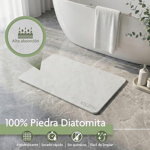 VELZAN Diatomite Bath Mat 60 x 40 cm – Non-Slip, Quick-Drying, Absorbent – Versatile for Bathroom, Kitchen and More. Stone Bath Mat.