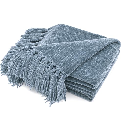 Photo 1 of RECYCO Throw Blanket Soft Cozy Chenille Throw Blanket with Fringe Tassel for Couch Sofa Chair Bed Living Room Gift (Dusty Blue, 60'' x 80'')
