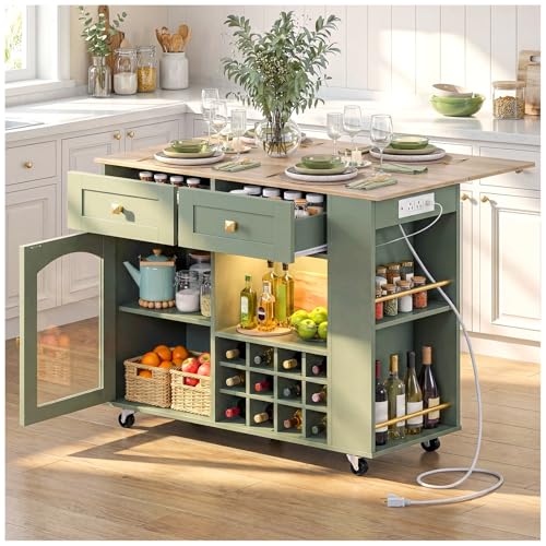 SIMPLE ESPACIO Isla de Cocina,Isla Cocina Está Equipada con una Mesa Plegable,Enchufes y Tiras de Luces,un Botellero y un Estante para Condimentos,Armarios y Cajones,Asas y Ruedas(Blanco-Verde)
