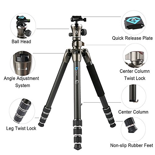 BONFOTO B671C Tripod Carbon Fiber Lightweight Portable Travel Compact Camera Tripod with 360 Degree Ball Head and Carrying Bag For Canon, Sony, Nikon, DSLR Cameras