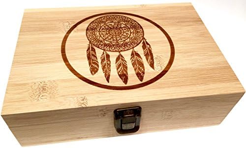 Dreamcatcher Engraved Wooden Stash Box - Large Wood Box with Metal Latch Cigar Rolling Papers Decorative Boxes Premium Bamboo (Dreamcatcher)