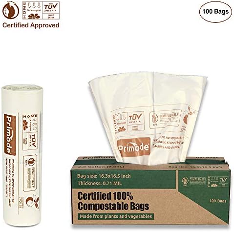 Primode 100% Compostable 2.6 Gallon Food Scraps Yard Waste Bags, 100 Count, Extra Thick 0.71 Mil. Compost Bags ASTMD6400 Small Kitchen Bin Trash Bags, BPI and TUV Certified, White