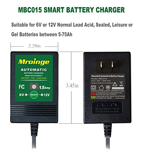 Mroinge MBC015 6V&12V 1.5A Smart Battery Charger / Maintainer, with 12ft output cord.