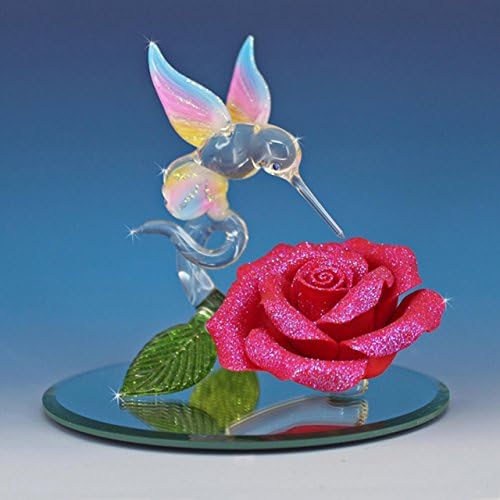 Handmade Blown Glass Hummingbird on a Red Rose - Sweet Attraction