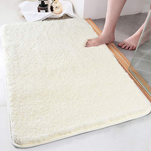 COSY HOMEER Bath Rug 32x20 Inch Non-Slip Soft Thickness Shaggy Water Absorbent Bathroom Carpet,100% Mirco Polyester,Machine Washable Rectangular Runner Area Rug Mats for Floor Kitchen(Ivory White)