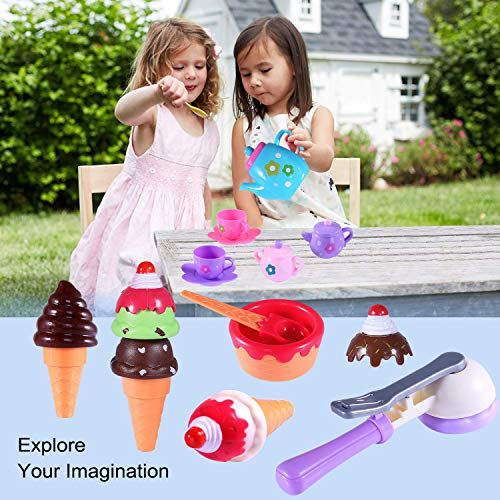 TEPSMIGO Plastic Stack Ice Cream Toy with Play Tea Set, 27 PCS Colored Pretend Food Educational Gifts for Toddler Children Age 3+ Boys Girls