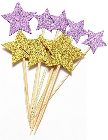 Crazy Mary 48pcs Twinkle Twinkle Little Star Cupcake Toppers Glitter Gold and Magenta Party Cake Decorations
