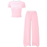 WDIRARA Girl's 2 Piece Outfits Bow Print Short Sleeve Tee Pants Set Cute Outfits