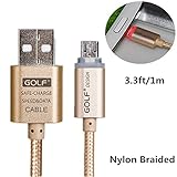 Smart Cable, Smilism 1pcs 3.3ft Nylon Braided USB Cable High Speed A Male to Micro B Aluminum Connectors Light Up Charging Cable for for Android, Samsung, HTC, And More (Gold)