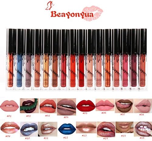Beayonyua Lipstick Set 16 Pcs Matte and Metallic Liquid Lip Gloss Waterproof Long Lasting, Not Afraid of Kissing, Drinking, Swimming (16 PCS)