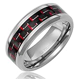 8MM Mens Titanium Ring Wedding Band Black and Red Carbon Fiber Inlay and Beveled Edges [Size 10.5]