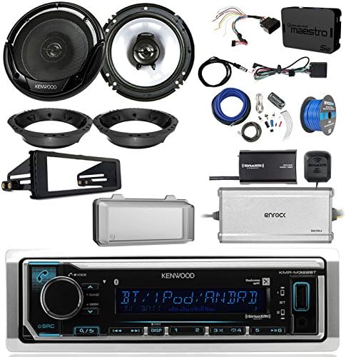 Kenwood KMMBT322U Single DIN Bluetooth Radio, 2x 6.5" Black Speakers, Adapters, 4-Ch. Amplifier, Amp Kit, Harley Wiring Kit, Weathershield, Dash Kit, Antenna, 16-G 50 Ft Wire (Select '98-'13 Harleys)