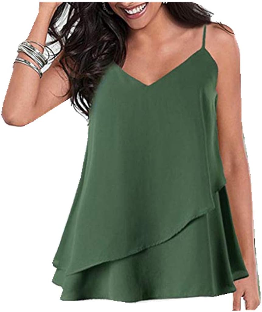 YANYUN Women Camisole Tanks Sexy Chiffon Fashion Summer V Neck Spaghetti Strap Tshirts Casual Loose Fit Fashion Vests Tops